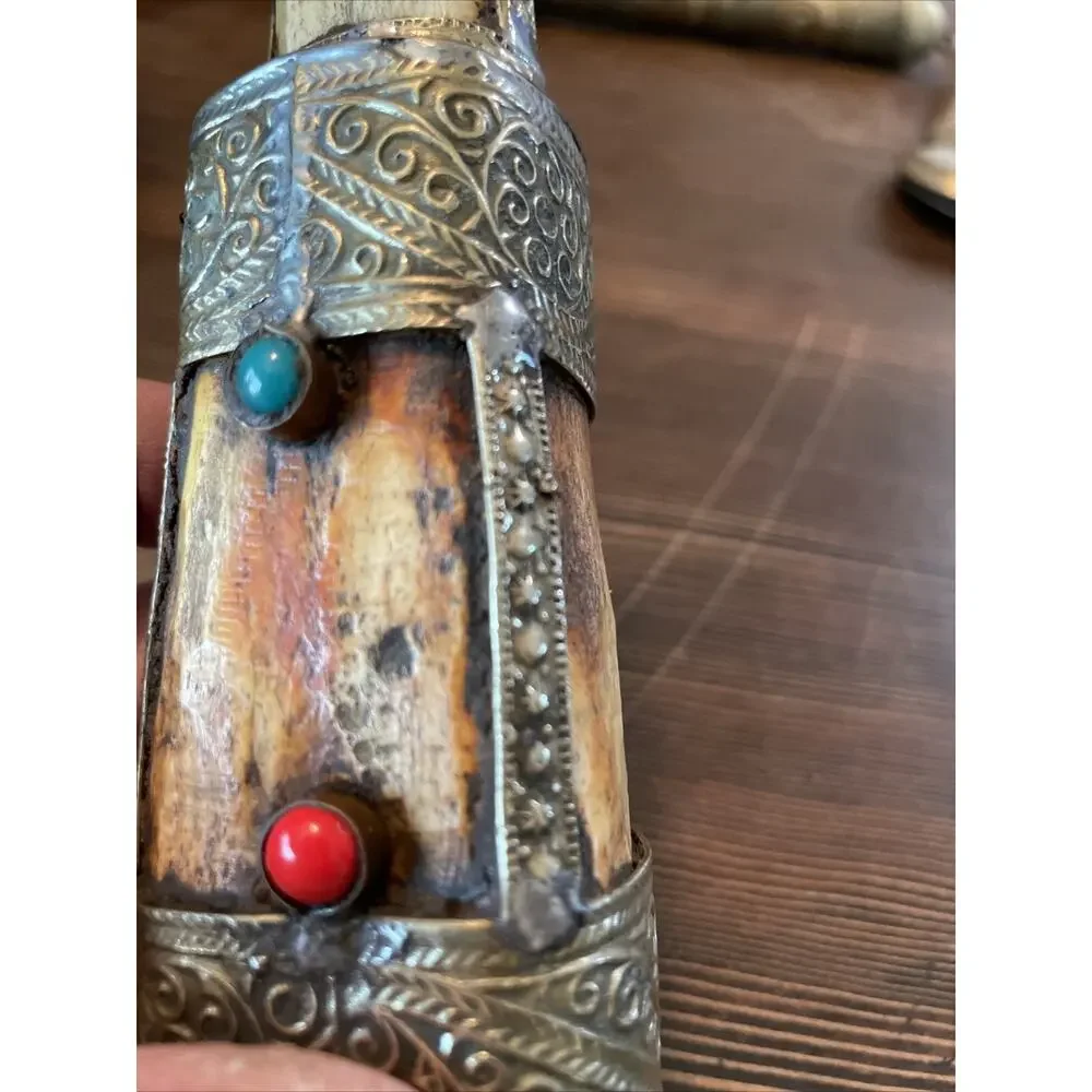 Vntg Carved Snuff Bottle Bovine Bone Silver Brass Turquoise Coral 5”Tibetan